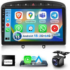 Podofo 2G+64G Autoradio für Peugeot 308/408 2007-2013, 9 Zoll Touchscreen Android 13.0 Radio mit Wireless Carplay Android Auto DSP BT GPS Spiegel FM RDS USB Rückfahrkamera
