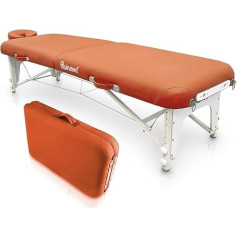 QUIRUMED Folding Wooden Shiatsu Table, 211 x 60 cm, Orange Colour, Faux Leather, Height Adjustable, Removable Head, Reinforced Structure, Up to 185 kg