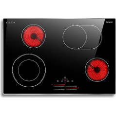 Karienvir Glass Ceramic Hob 4 Plates, 77 cm, 6800 W, Ceramic Hob with Slider, Built-in Electric Hob, Double Ring Zone, 9 Heat Settings, Safety Lock, Timer