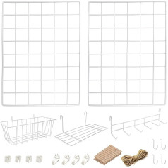 ODOXIA Pack of 2 Wall Grids with Accessories | Includes Hanging Basket, Hanging Shelf & Hook Rack | Grid Pin Board | Decoration for Home, Office & Kitchen for Hanging | Photo Wall | Metal & White