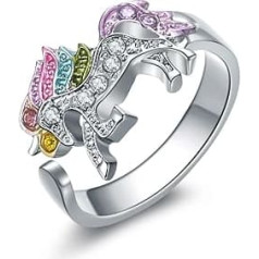 Clataly Rainbow Unicorn Ring with Rhinestones Adjustable Opening Cartoon Unicorn Girls Ring