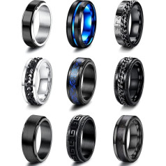 JeweBella 9 Pieces Rings Men's Stainless Steel Spinner Rings Set Black Chain Rings Blue Celtic Dragon Vintage Ring Viking for Men Wedding Engagement Friendship Rings Set Size 54-70