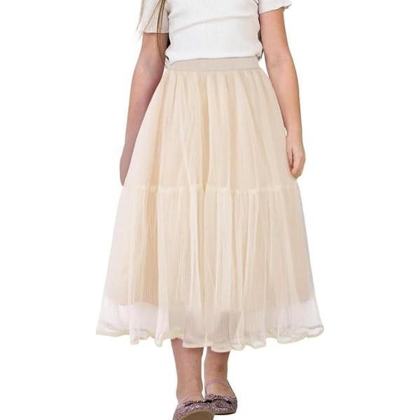 Happy Cherry Tulle Skirt Girls Long Skirt Kids Mesh Chiffon Maxi Skirt Layered Pleated Skirt Elastic High Waist A Line Tutu Midi Skirt 110-160