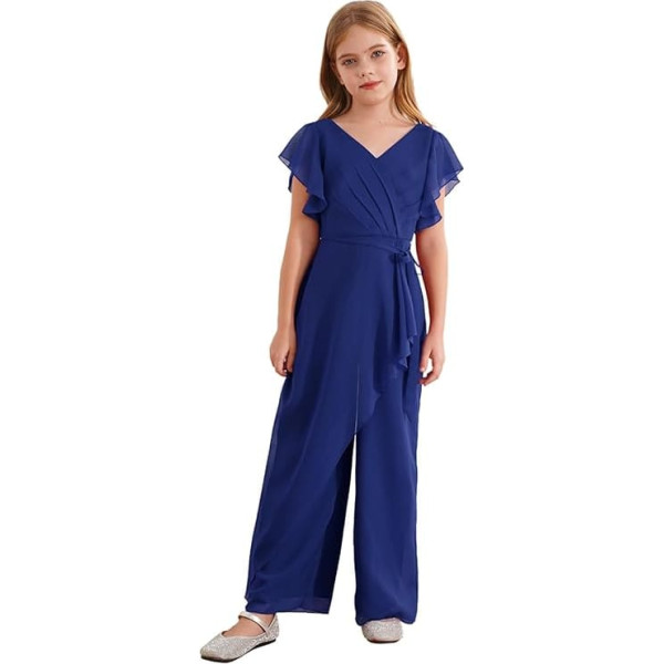 MSemis Girls' Elegant Chiffon Jumpsuit Wide Leg Jumpsuit Trouser Suit Festive Romper Short Sleeve Plain Long Playsuit