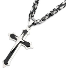 Byzantine Chain with Cross Pendant Men's Jewellery in Silver and Black Made of Solid Stainless Steel Men's Chain Jewellery Set Gift, Stainless Steel, No Gemstone