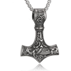 HSWYFCJY Viking Thor Hammer Necklace Men's Viking Mjölnir Stainless Steel Chain for Men Decorative Chain Viking Gifts Men's Jewellery, Silver/Black/Gold 20-28 Inches