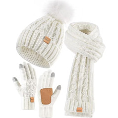 Winuesa Hat, Scarf & Glove Sets for Women, Beanie Hat Women's Winter with Bobble Fleece Lined, Touchscreen Gloves, Scarf, Warmer Hat, Women's 3-in-1 Set, White