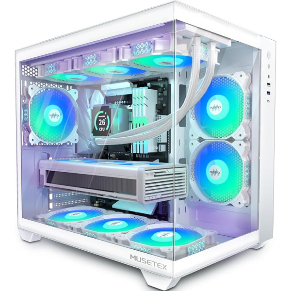 MUSETEX PC Case ATX, 5 PWM ARGB Fan Pre-installed, 360 mm Wheel Support, Type-C Gaming PC Case, 270° Full View Tempered Glass Mid Tower PC Case, Pure White ATX Case, Y6