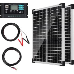DERUXI 50 W Solar Panel 12 V Kit: 2 x 25 W Monocrystalline Photovoltaic Solar Module with 10 A Charge Controller, 2 x Extension Cable and 2 x Crocodile Clips for Camping, Caravan, Caravan, Boat