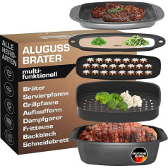 STONELINE Cast Aluminium Roasting Dish Induction 39 x 22 cm 5.6 L Cookware Set 5-Piece Roasting Cooking Steaming Baking Casserole Dish Baking Dish Non-Stick Coating with Real Stone Particles Oven