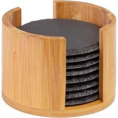 Westmark 8 Natural Slate Glass Coasters in Bamboo Box, Round, with Scratch Protection, Diameter 10 cm, Slate / Bamboo, Tapas + Friends, Anthracite/Light Brown, 69212260