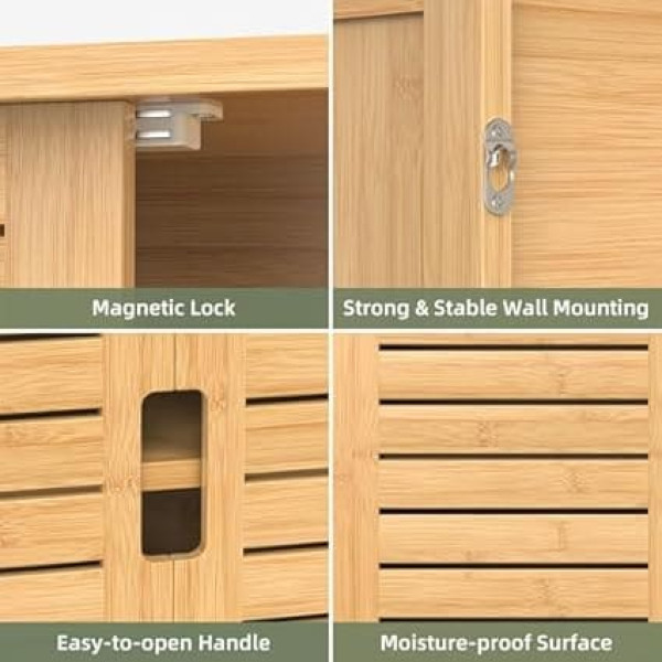 Bathroom Wall Cabinet, Bamboo Medicine Cabinet, Wall Mounted with 2 Doors & Adjustable Shelf, Over the Toilet Storage Cabinet for Bathroom, Laundry Room, Kitchen (Natural)