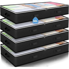 Budding Joy Pack of 4 90 L Underbed Storage Boxes with Lid, Foldable Underbed Storage Box for Clothes, Duvets and Bedding, Black