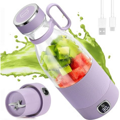 MIAOKE Portable Blender, 6 Blades Juicer Cup for Juice Shakes and Smoothies, 350ml, Mini Blender with LED Display, Rechargeable 3000mAh Battery, for Home, Sports, Outdoor, Travel, Purple