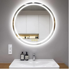 Bathroom Mirror with Lighting, 60 cm, Bathroom Mirror with Lighting, Round Bathroom Mirror with Lighting, Dimmable, Anti-Fog, 3 Light Colours, Illuminated Bathroom Mirror with Touch Switch