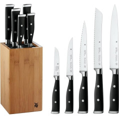 WMF Knife Block 6-Piece Grand Class Performance Cut Double Serrated Blade Made in Germany Forged Special Blade Steel - Stainless Steel Rivets Plastic Handles Knife Block Made of Bamboo