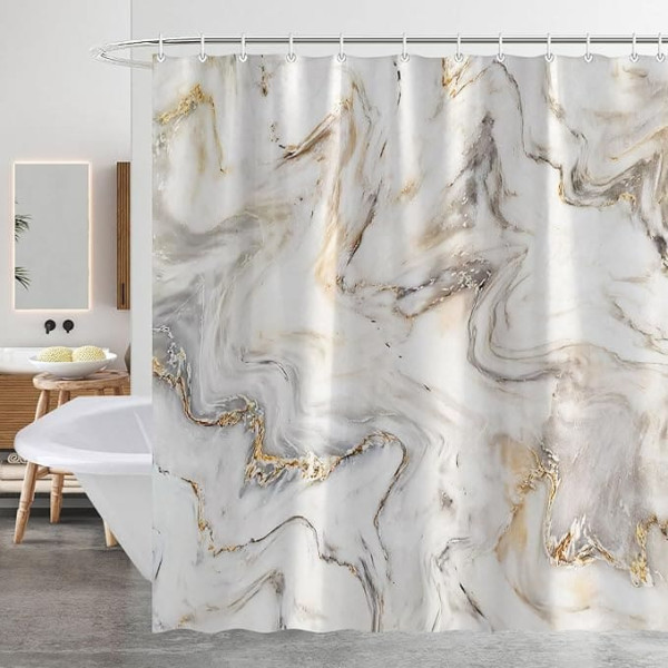 Shower Curtain, Gold Marble, 180 x 200 cm, Shower Curtains, Anti-Mould Shower Curtains, Polyester Textile, Waterproof Shower Curtain with 12 Hooks for Bathtub, Machine Washable