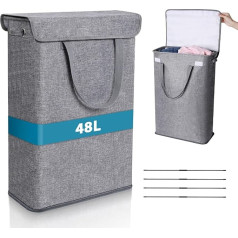 Romon Laundry Basket with Lid, Laundry Baskets, Laundry Baskets, Laundry Collector Box, 48 L, Laundry Sorter, Laundry Bin with Bamboo Handle for Bedroom, Bathroom, Grey