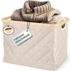 Foldable Laundry Basket - 55 L - Robust Space Saving Laundry Basket - Breathable Fabric - Stable Bamboo Frame - Beige, Black - Only 715 g - Carry Handles