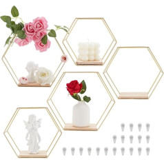 PH PandaHall 5 Sizes Hexagonal Floating Shelves Wall Mounted Display Stand Golden Wall Hanging with Metal Floating Storage Rack for Wall Home Decor Bedroom Living Room