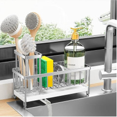 Cisily Kitchen Sink Sponge Holder Stainless Steel Silver Tall Brush Holder Organizer Rustproof Dish Organizer Soap Dispenser Storage Kitchen Accessories for Organization