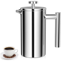 Uootach French Press Coffee Maker 350 ml, High Quality Stainless Steel Coffee Machines, French Press Coffee Machine with Triple Filter Made of Stainless Steel, for Home, Travel, Camping (Silver)