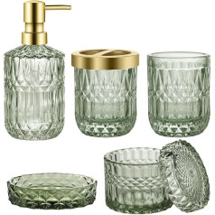 Green Bathroom Accessories Set, Elegant Glass, Bathroom Decor, Countertop Organiser, 5 Piece Bathroom Accessories with Lotion Dispenser, Soap Dish, Toothbrush Holder, Tumbler