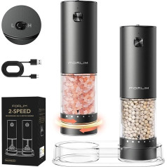 FORLIM Electric Salt and Pepper Grinder Set, Automatic Pepper Mill with 2 Speeds and 6 Adjustable Coarseness Levels, One Hand Operation, Aluminium Alloy, USB Charging,