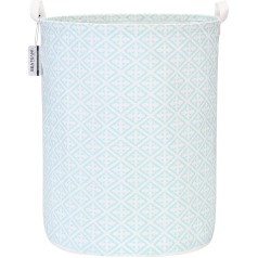 Sea Team 19.7 Inch Waterproof Coated Ramie Cotton Fabric Collapsible Laundry Basket Cylindrical Hessian Storage Basket with Stylish Diamond Flowers Baby Blue Design