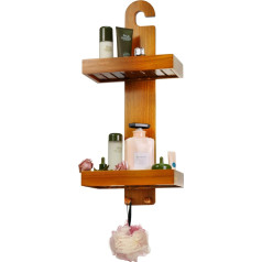 Utoplike Teak Shower Basket with Hooks, 2-Tier Hanging Bathroom Shower Caddy, Wooden Shower Shelf for Toiletries, No Drilling