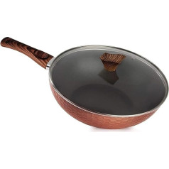 GGC Wok with Wooden Handle Look and Lid I 32 cm Diameter with Non-Stick Coating I Pan for Induction Hobs and Gas Hobs I Professional Pans Made of Cast Aluminium I Perfect for Asian Dishes