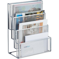 Relaxdays Metal Magazine Holder, 4 Compartments, Office Document Holder, HBD: 43 x 33 x 18 cm, Magazine Holder, Letters, Silver, 100% Steel