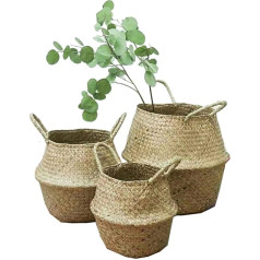GoodchanceUK Set of 3 Laundry Basket Foldable Seagrass Flower Basket Handwoven Flowers Straw Basket for Plant Pot with Handles