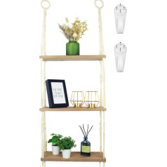 Wall Shelf Wooden Hanging Shelf - Macrame Shelf Wall with Hooks No Drilling as Boho Wall Decoration Living Room Floating Shelf Plant Shelf Bookshelf or Bathroom Organiser