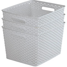 Curver My Style Rattan Storage Baskets Set of 3 for Kitchen, Living Room, Bathroom, Bedroom, Large Rectangular Storage Baskets, 18L, Light Grey