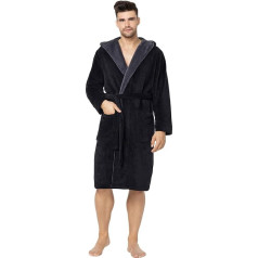Envie Cuddly and Modern Men's Microfibre Super Fluffy Bathrobe with Hood, Pockets & Tie, Made in EU, Black/Grey, Size M/L, black / grey