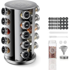 Spice Carousel with Round Spice Jars, 100 ml, 360° Rotating, Stainless Steel, Spice Rack, Standing, with Funnel, Label, Pen and Cleaning Brush (Round x 20 Pieces)
