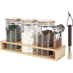 Ken's Kitchen Airtight Glass Storage Jars with Lid, Set of 3, 1200 ml with 3 Measuring Spoons, for Cereal, Cornflakes, Spaghetti, Storage Jar with Shelf, Coffee Jar, Airtight