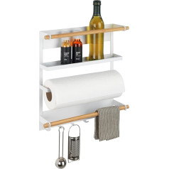 WENKO Magna Magnetic Kitchen Shelf with Kitchen Roll Holder and Hooks, Made of Metal and Bamboo, 33 x 34 x 8 cm, White