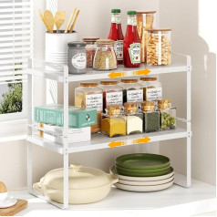 devesanter Expandable Kitchen Shelf Organiser, Pack of 2, Stackable Kitchen Shelf, Worktop Organiser, Spice Holder, Shelf Insert for Kitchen Cabinet for Kitchen, Bathroom, Table Top, Sideboard (White)