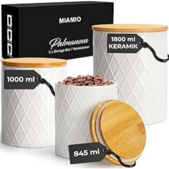 MIAMIO - Set of 3 Ceramic Storage Jars with Airtight Wooden Lid, Ceramic Jar, Storage Tin - Palmanova Collection (White)