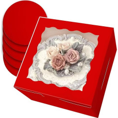 Cake Box 8 x 8 x 5 inches, 5 Sets Red Cake Boxes with Window and 5 Sets 8 Inch Round Cake Boards Cake Containers (8 x 8 x 5.1 inches)