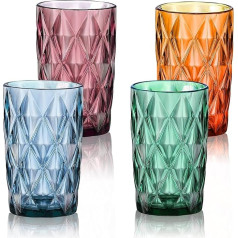 Drinking Glasses Set, Colourful - Glasses Set of 4, 400 ml Vintage Water Glasses Set Made of Glass with Embossed Design - Juice Glasses, Drink Glasses, Kitchen Glasses - Dishwasher Safe