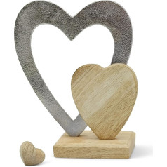 Loving Double Heart with Extra Worry Stone – Decorative Heart Made of Metal and Wood in Silver and Natural Brown as Decoration – Decorative Heart to Stand Up – Heart Decoration as a Gift