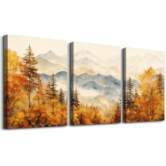 Watercolour Gold Forest Canvas Picture Set Living Room, Autumn Continuous Mountain Chain Landscape Wall Picture Bedroom, Yellow Abstract Pictures Aesthetic, Modern Minimal Wandeko Bathroom