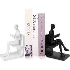 Non Slip Bookends for Shelves Art Decorative Modern Girl Statue Book Stopper Sculpture Gift for Readers Book Lover Nerd Holder for Heavy Books White and Black