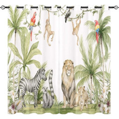 African Animal Curtains Safari Jungle Lion Zebra Monkeys Parrots Palm Trees Flowers Eyelets Curtains with Opaque Curtain Blackout Curtain Children's Room Bedroom Pack of 2 H 160 x W 132 cm
