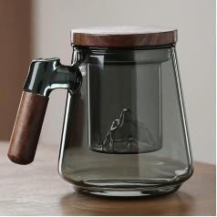 JanYoo Glass Tea Cup with Lid and Strainer, 500 ml Tea Cups, Large Wooden Handle, Tea Cup, Tea Glass, Borosilicate Glass Cup with Tea Strainer for Loose Tea/Tea Lovers/Tea Gifts (Blue/Grey)