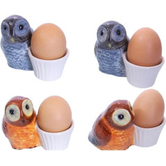 Egg Cup Ceramic Crockery Set Animal Motifs 4 Pieces Good Quality Owls 2 Grey Brown 2 Brown Beige