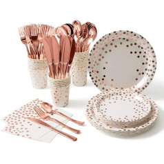 141-Piece Rose Gold Party Tableware, Paper Cups, Paper Plates Set, Reusable Paper Tableware Set Including Tablecloth, Plates, Cups, Napkins for Birthday, Weddings, Anniversaries, 20 Guests